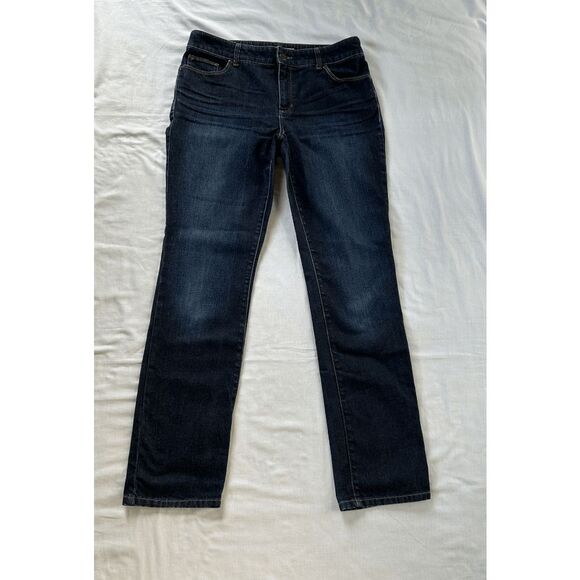 Chico's Platinum Denim Jeans Dark Blue Size 1 (8 Medium) Strait Leg, Stretchy - Picture 1 of 8